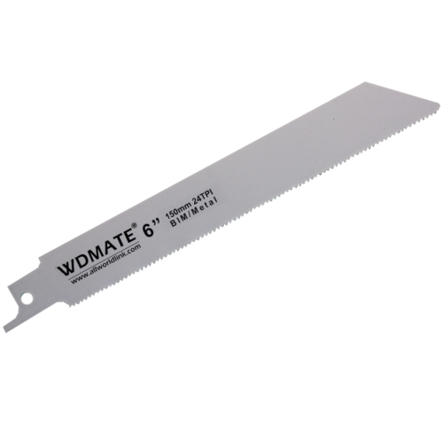 A 5x Reciprocating Saw Blade Soft Metal 150mm 6” 24TPI Bimetal WDMATE is shown. Designed for precise metal cutting, the blade has a hole for attachment and a serrated edge.