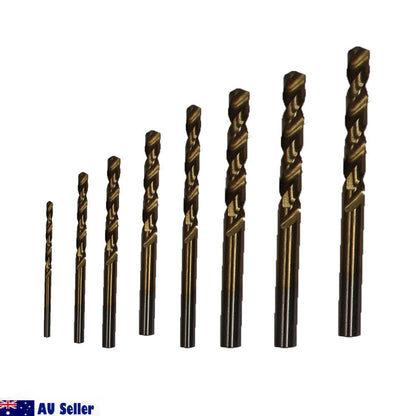 An 8PCS High Speed Steel Twist Drill Set 3-10mm Titanium Coated HSS Metric Quality of varying sizes arranged in ascending order from left to right. The titanium-coated bits have a black and bronze finish, and the image includes a small Australian flag with text "AU Seller" in the bottom left corner.