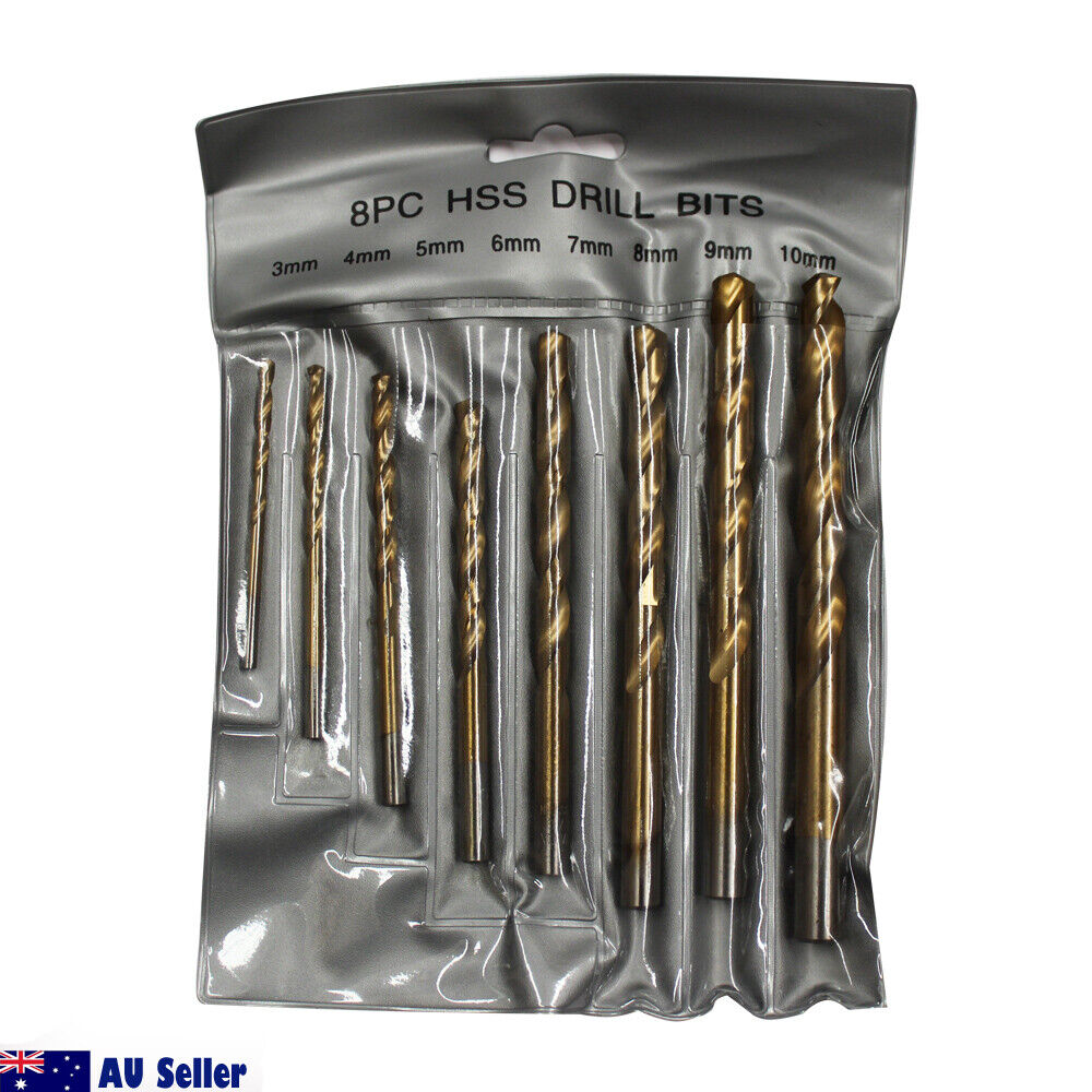 An 8PCS High Speed Steel Twist Drill Set 3-10mm Titanium Coated HSS Metric Quality of varying sizes arranged in ascending order from left to right. The titanium-coated bits have a black and bronze finish, and the image includes a small Australian flag with text "AU Seller" in the bottom left corner.