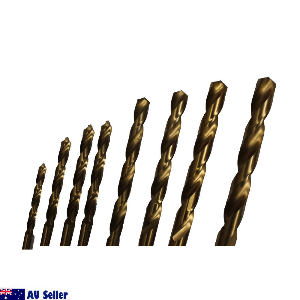 An 8PCS High Speed Steel Twist Drill Set 3-10mm Titanium Coated HSS Metric Quality of varying sizes arranged in ascending order from left to right. The titanium-coated bits have a black and bronze finish, and the image includes a small Australian flag with text "AU Seller" in the bottom left corner.