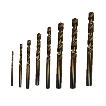 An 8PCS High Speed Steel Twist Drill Set 3-10mm Titanium Coated HSS Metric Quality of varying sizes arranged in ascending order from left to right. The titanium-coated bits have a black and bronze finish, and the image includes a small Australian flag with text "AU Seller" in the bottom left corner.