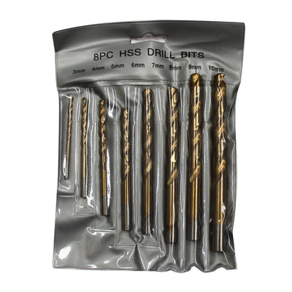 An 8PCS High Speed Steel Twist Drill Set 3-10mm Titanium Coated HSS Metric Quality of varying sizes arranged in ascending order from left to right. The titanium-coated bits have a black and bronze finish, and the image includes a small Australian flag with text "AU Seller" in the bottom left corner.