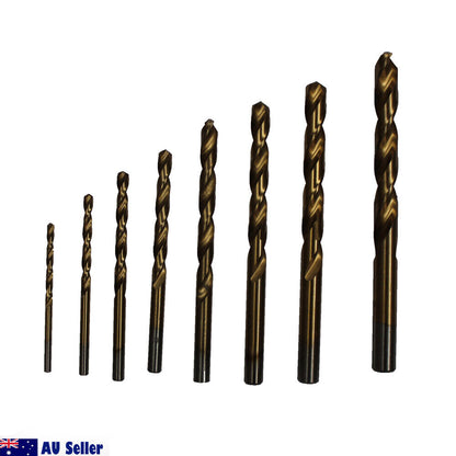 A set of 8PCS High Speed Steel Twist Drill Set 3-10mm Titanium Coated HSS Metric Quality of varying sizes, arranged in a row from smallest to largest against a white background. The bits have a bronze-like, titanium coated finish. An "AU Seller" logo is visible in the bottom left corner of the image.