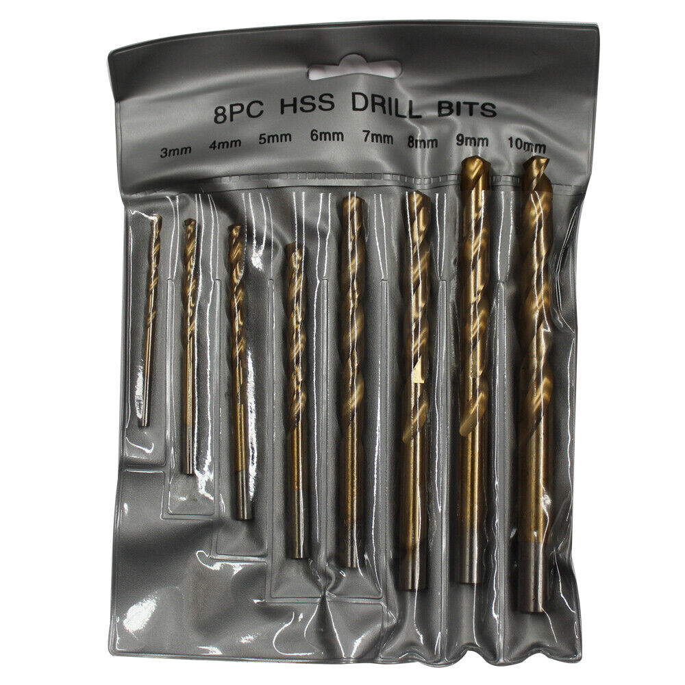 A set of 8PCS High Speed Steel Twist Drill Set 3-10mm Titanium Coated HSS Metric Quality of varying sizes, arranged in a row from smallest to largest against a white background. The bits have a bronze-like, titanium coated finish. An "AU Seller" logo is visible in the bottom left corner of the image.