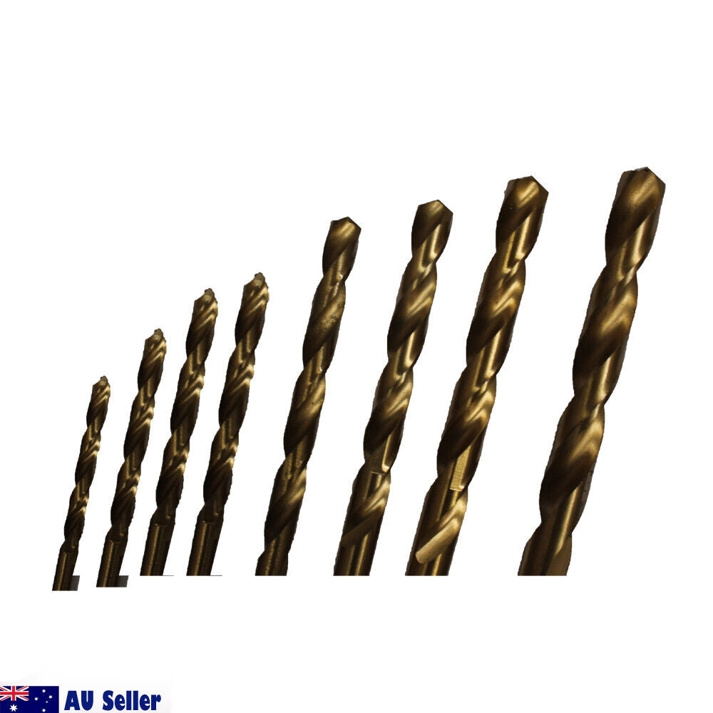 A set of 8PCS High Speed Steel Twist Drill Set 3-10mm Titanium Coated HSS Metric Quality of varying sizes, arranged in a row from smallest to largest against a white background. The bits have a bronze-like, titanium coated finish. An "AU Seller" logo is visible in the bottom left corner of the image.