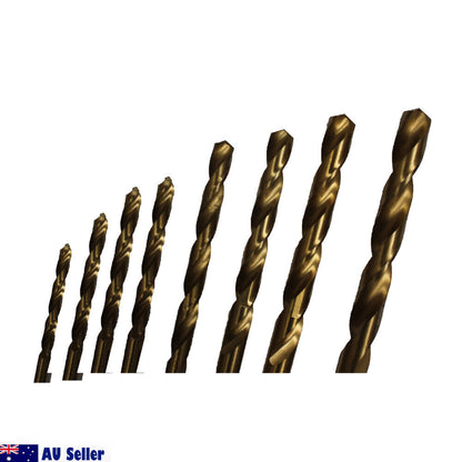 A set of 8PCS High Speed Steel Twist Drill Set 3-10mm Titanium Coated HSS Metric Quality of varying sizes, arranged in a row from smallest to largest against a white background. The bits have a bronze-like, titanium coated finish. An "AU Seller" logo is visible in the bottom left corner of the image.