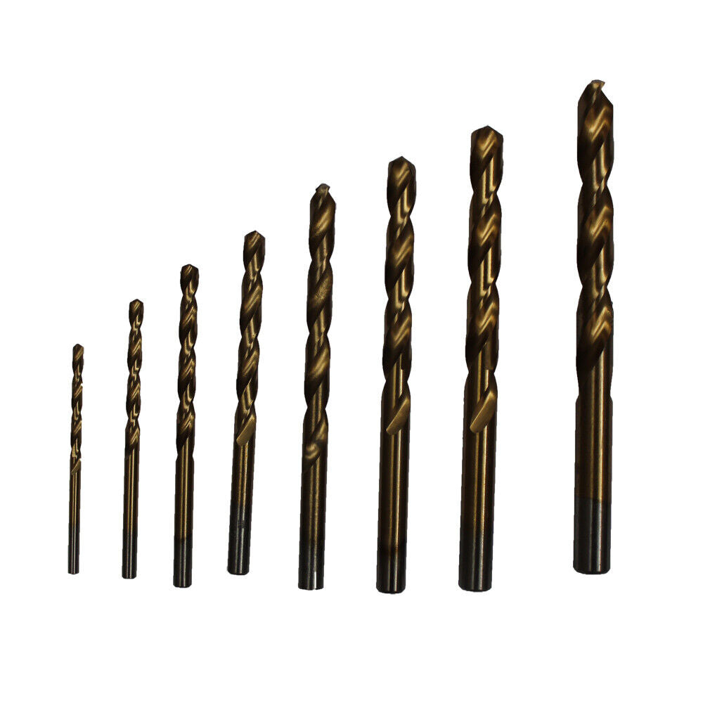 A set of 8PCS High Speed Steel Twist Drill Set 3-10mm Titanium Coated HSS Metric Quality of varying sizes, arranged in a row from smallest to largest against a white background. The bits have a bronze-like, titanium coated finish. An "AU Seller" logo is visible in the bottom left corner of the image.