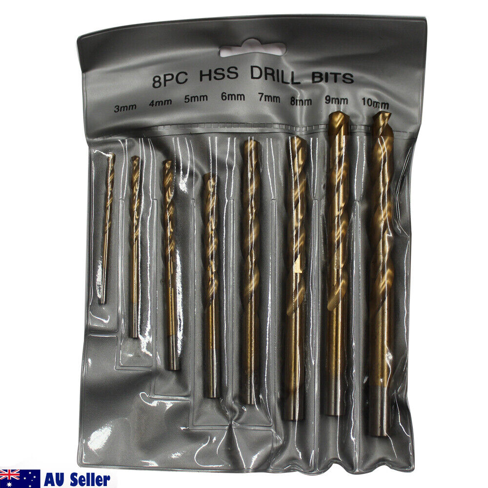 A set of 8PCS High Speed Steel Twist Drill Set 3-10mm Titanium Coated HSS Metric Quality of varying sizes, arranged in a row from smallest to largest against a white background. The bits have a bronze-like, titanium coated finish. An "AU Seller" logo is visible in the bottom left corner of the image.