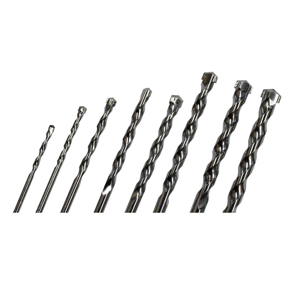 A set of 8pcs Masonry Drill Bit Set 3-10mm Carbide Tip Brick Wall Concrete, featuring durable carbide tips, arranged in a row from smallest to largest. The metal drill bits boast twisted, grooved designs and square tips, set against a white background—perfect construction tools for your project needs.