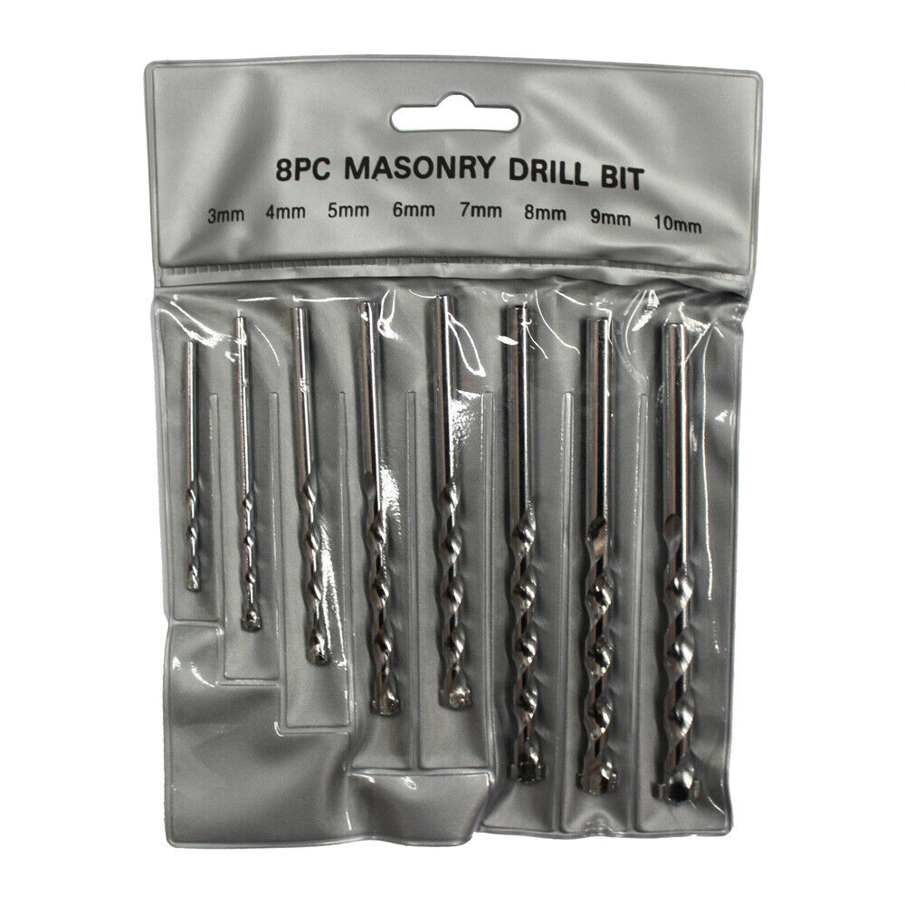 A set of 8pcs Masonry Drill Bit Set 3-10mm Carbide Tip Brick Wall Concrete, featuring durable carbide tips, arranged in a row from smallest to largest. The metal drill bits boast twisted, grooved designs and square tips, set against a white background—perfect construction tools for your project needs.