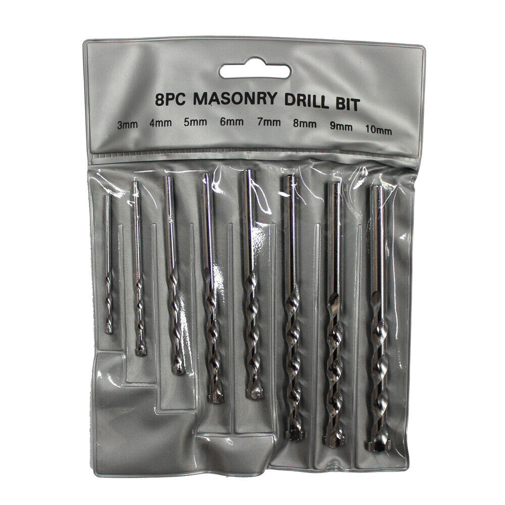 A set of 8pcs Masonry Drill Bit Set 3-10mm Carbide Tip Brick Wall Concrete, featuring durable carbide tips, arranged in a row from smallest to largest. The metal drill bits boast twisted, grooved designs and square tips, set against a white background—perfect construction tools for your project needs.