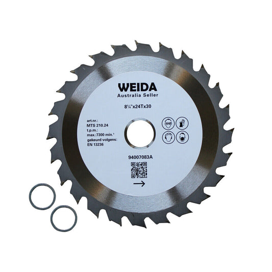 Circular saw blade labeled "210mm Wood Circular Saw Blade Cutting Disc 8-1/4” 24T Bore 30/22.23mm ATB K 2.2M" with specifications and icons for use. The tungsten carbide tipped blade has 24 teeth and two bushings placed next to it. The center of the wood circular saw blade displays additional technical details and a QR code.