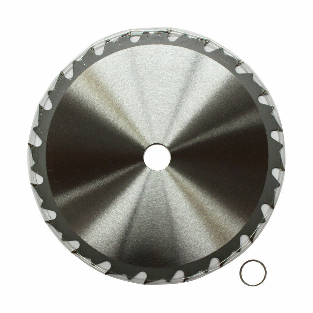 Circular saw blade labeled "210mm Wood Circular Saw Blade Cutting Disc 8-1/4” 24T Bore 30/22.23mm ATB K 2.2M" with specifications and icons for use. The tungsten carbide tipped blade has 24 teeth and two bushings placed next to it. The center of the wood circular saw blade displays additional technical details and a QR code.