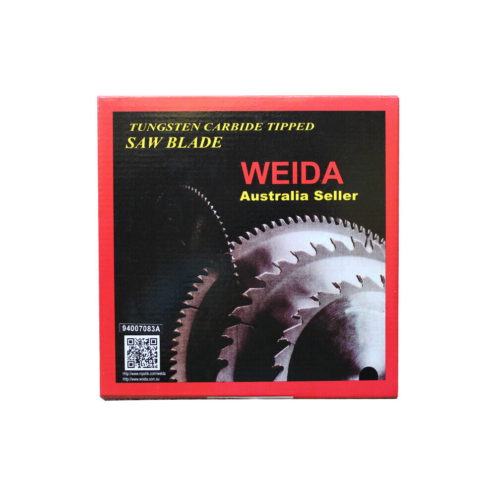 A 2x210mm Wood Circular Saw Blade Cutting Disc 8-1/4” 24T Bore 30/22.23mm ATB K 2 is shown. The center is labeled with "WEIDA Australia Seller" and specifications like "ø 8 1/4" x 24T x 30," along with usage icons, QR code, and part numbers. Two small metal rings lie next to the cutting disc.