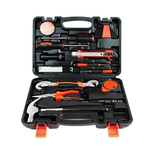 A black and orange plastic 25Pcs Household Hand Tools Set Kit Box with Hard Storage Case Home Supplies containing a variety of household hand tools, including a hammer, pliers, screwdrivers, measuring tape, box cutter, and hex keys. This sturdy toolbox is open, displaying the tools neatly arranged in designated slots—perfect for DIY projects.