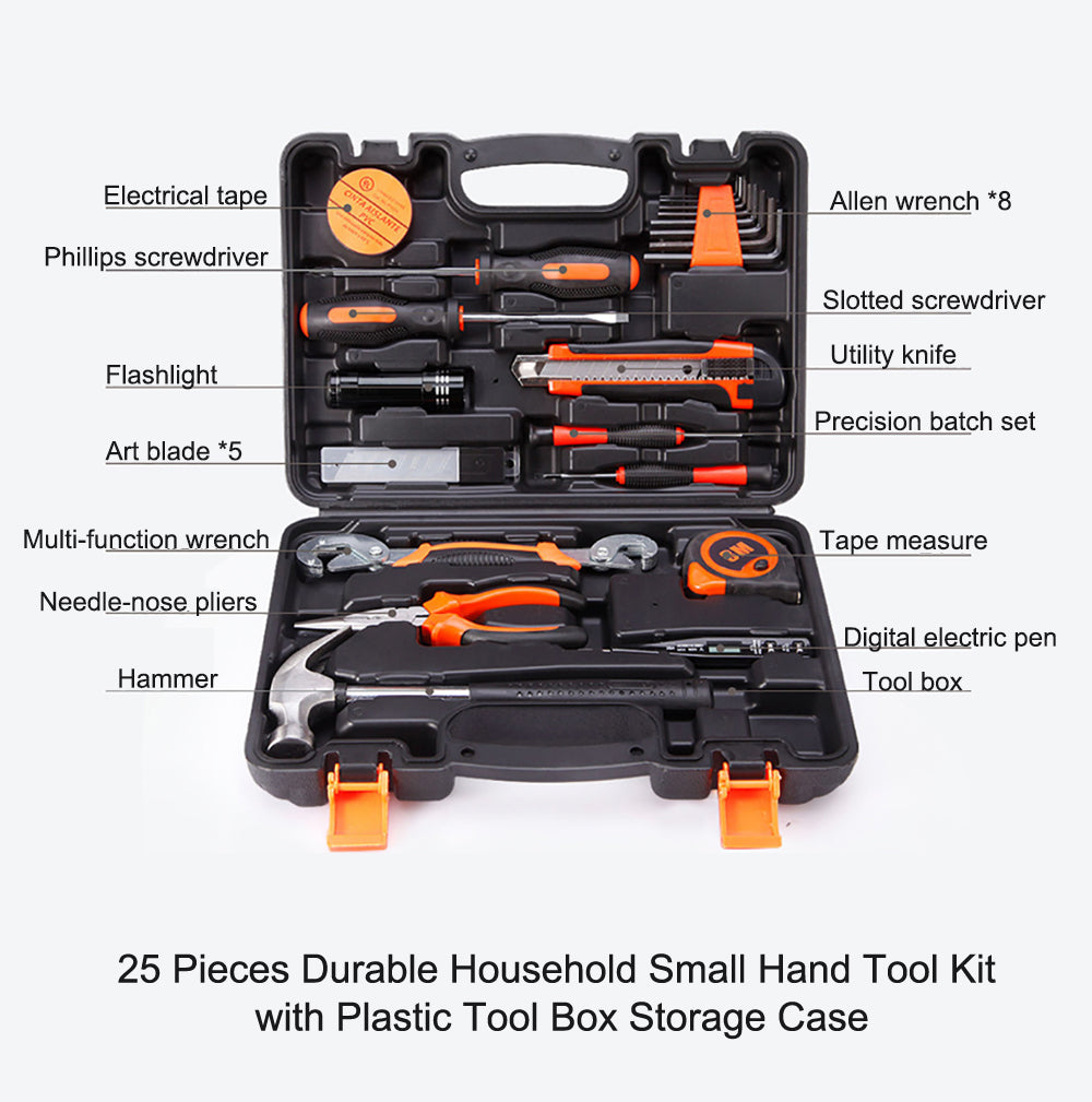 A black and orange plastic 25Pcs Household Hand Tools Set Kit Box with Hard Storage Case Home Supplies containing a variety of household hand tools, including a hammer, pliers, screwdrivers, measuring tape, box cutter, and hex keys. This sturdy toolbox is open, displaying the tools neatly arranged in designated slots—perfect for DIY projects.