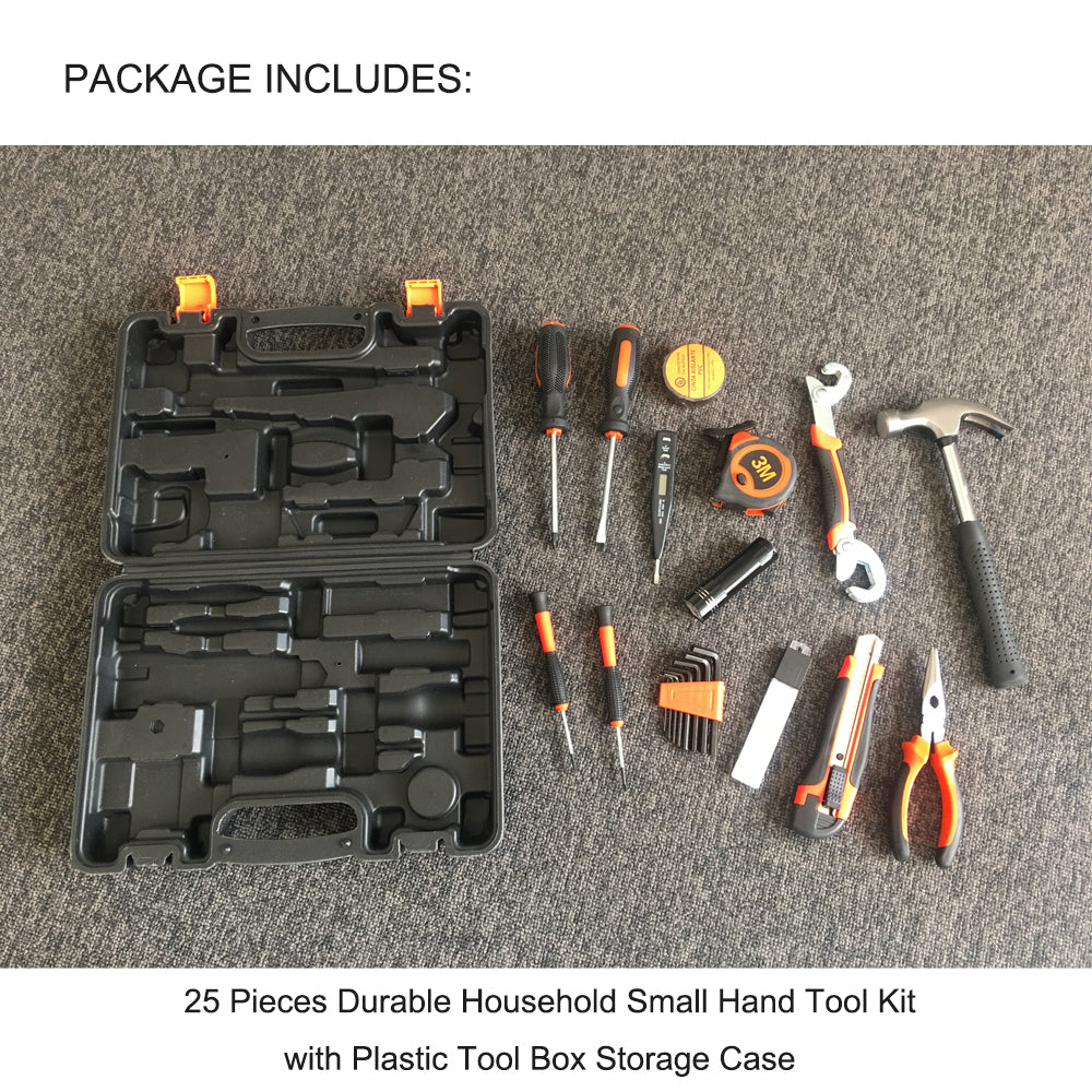 A black and orange plastic 25Pcs Household Hand Tools Set Kit Box with Hard Storage Case Home Supplies containing a variety of household hand tools, including a hammer, pliers, screwdrivers, measuring tape, box cutter, and hex keys. This sturdy toolbox is open, displaying the tools neatly arranged in designated slots—perfect for DIY projects.