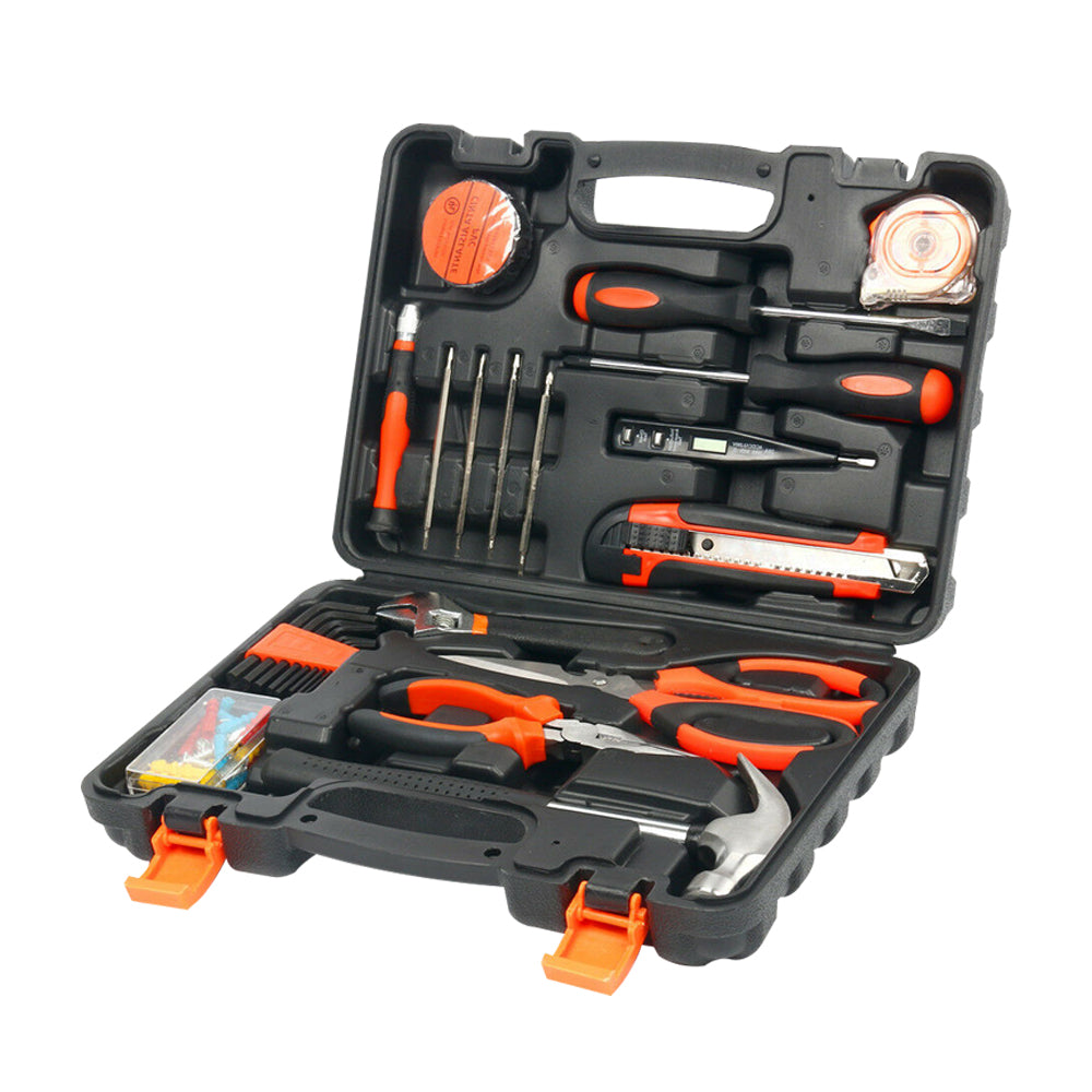 A black plastic compact toolbox with an array of high-quality carbon steel tools, including a hammer, pliers, screwdrivers, a tape measure, utility knife, and assorted screws and nails. The tools are organized in designated slots with orange accents, and the box has orange latches. This is the 45 Pcs Household Hand Tools Set Hand Tool Kit for Home Office Car Repair Tools.