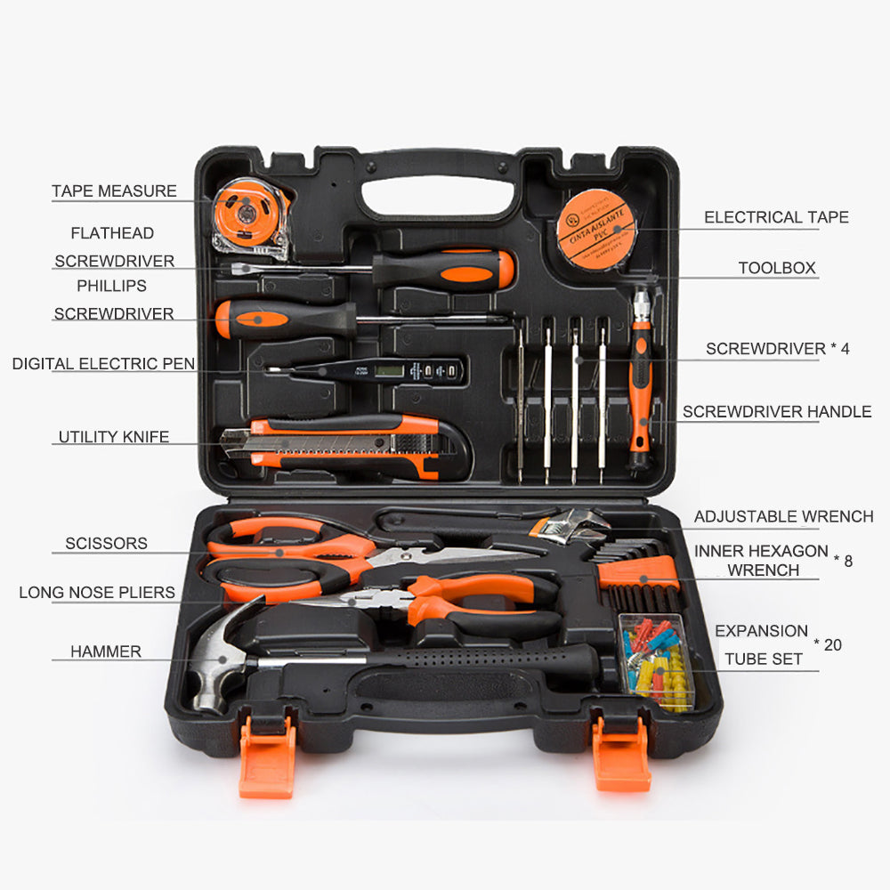 A black plastic compact toolbox with an array of high-quality carbon steel tools, including a hammer, pliers, screwdrivers, a tape measure, utility knife, and assorted screws and nails. The tools are organized in designated slots with orange accents, and the box has orange latches. This is the 45 Pcs Household Hand Tools Set Hand Tool Kit for Home Office Car Repair Tools.