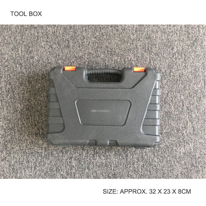 A black plastic compact toolbox with an array of high-quality carbon steel tools, including a hammer, pliers, screwdrivers, a tape measure, utility knife, and assorted screws and nails. The tools are organized in designated slots with orange accents, and the box has orange latches. This is the 45 Pcs Household Hand Tools Set Hand Tool Kit for Home Office Car Repair Tools.