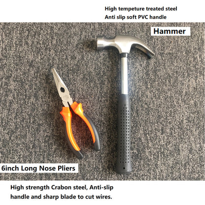 A black plastic compact toolbox with an array of high-quality carbon steel tools, including a hammer, pliers, screwdrivers, a tape measure, utility knife, and assorted screws and nails. The tools are organized in designated slots with orange accents, and the box has orange latches. This is the 45 Pcs Household Hand Tools Set Hand Tool Kit for Home Office Car Repair Tools.