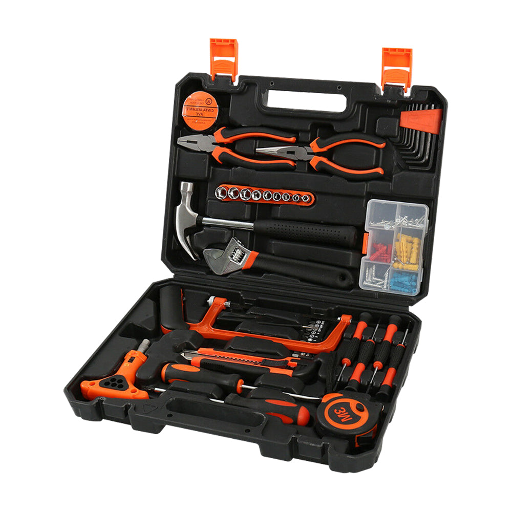 An 82 Pcs Household Hand Tools Set Hand Tool Kit for Home Office Car Repair Tools with an assortment of tools including pliers, a hammer, wrenches, screwdrivers, tape measure, sockets, and a set of fasteners. The tools are neatly organized in a molded case with separate slots for each item. Perfect for any DIY household project.