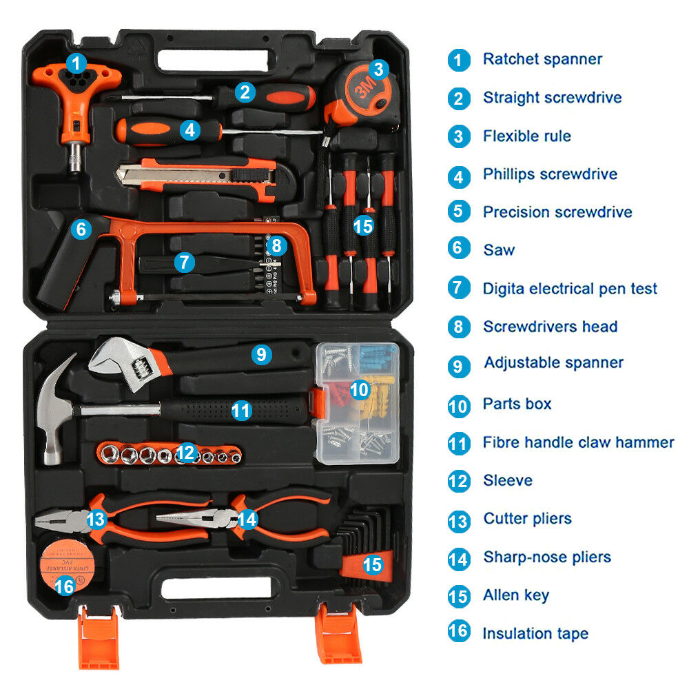 An 82 Pcs Household Hand Tools Set Hand Tool Kit for Home Office Car Repair Tools with an assortment of tools including pliers, a hammer, wrenches, screwdrivers, tape measure, sockets, and a set of fasteners. The tools are neatly organized in a molded case with separate slots for each item. Perfect for any DIY household project.