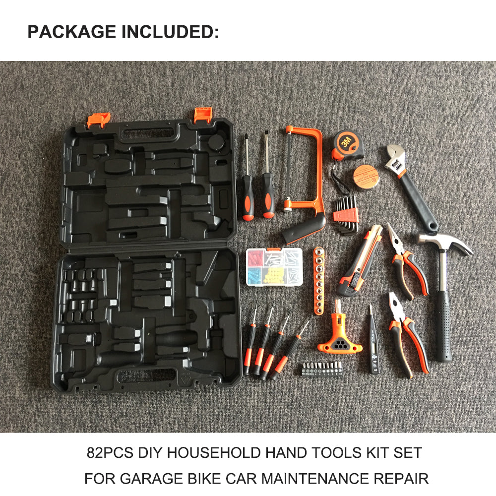 An 82 Pcs Household Hand Tools Set Hand Tool Kit for Home Office Car Repair Tools with an assortment of tools including pliers, a hammer, wrenches, screwdrivers, tape measure, sockets, and a set of fasteners. The tools are neatly organized in a molded case with separate slots for each item. Perfect for any DIY household project.