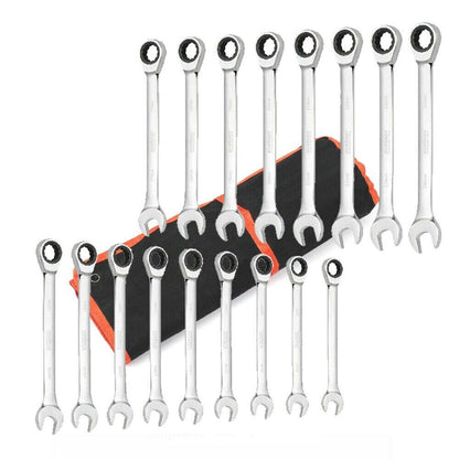 A set of seventeen metric combination wrenches crafted from chrome vanadium steel, featuring open ends and ratcheting ring ends, arranged in an organized row. An unfolded black and orange tool roll is partially visible beneath the different sizes of wrenches.