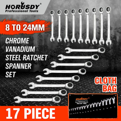 A set of seventeen metric combination wrenches crafted from chrome vanadium steel, featuring open ends and ratcheting ring ends, arranged in an organized row. An unfolded black and orange tool roll is partially visible beneath the different sizes of wrenches.