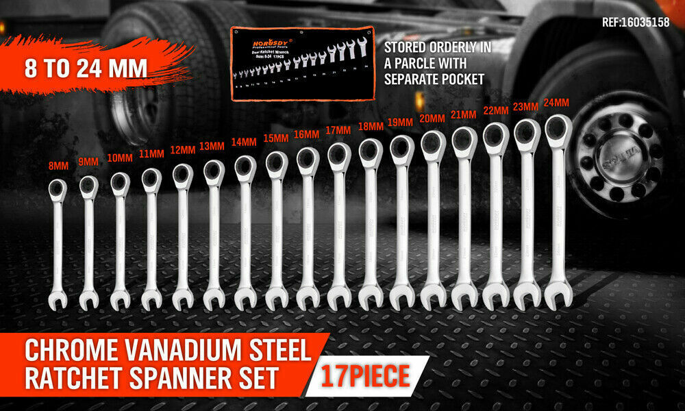 A set of seventeen metric combination wrenches crafted from chrome vanadium steel, featuring open ends and ratcheting ring ends, arranged in an organized row. An unfolded black and orange tool roll is partially visible beneath the different sizes of wrenches.