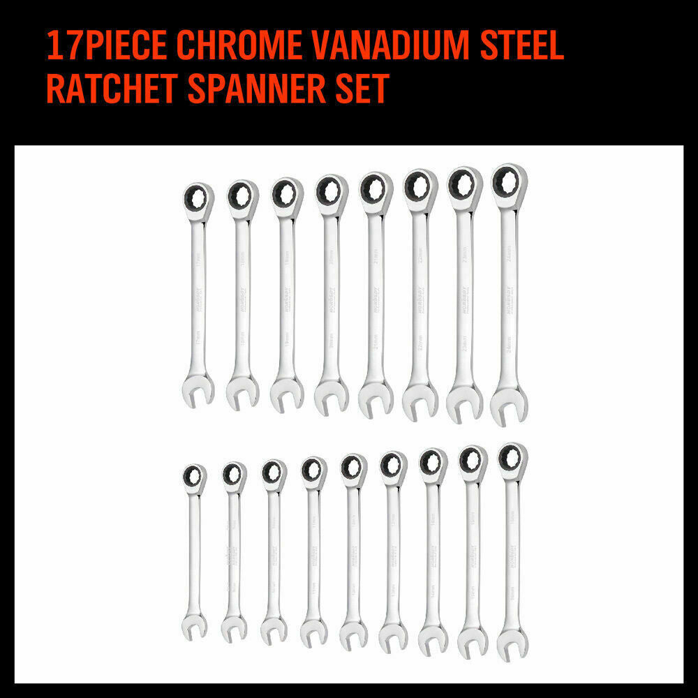 A set of seventeen metric combination wrenches crafted from chrome vanadium steel, featuring open ends and ratcheting ring ends, arranged in an organized row. An unfolded black and orange tool roll is partially visible beneath the different sizes of wrenches.