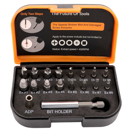 A toolkit titled "18x Magnetic Damaged Screw Extractor Set Broken Drill Bit Remover Kit Hex Crv" with various labeled screwdriver bits and a CR-V steel tools bit holder neatly organized in a foam-lined case. The lid explains usage in two steps and includes instructions for extracting broken screws at less than 400 RPM.