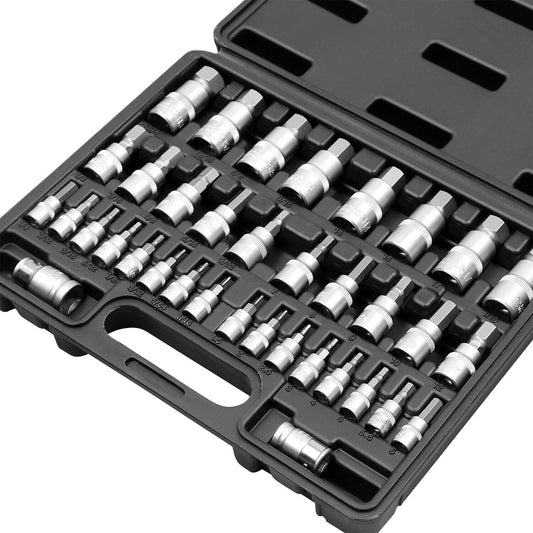 A black plastic case containing a **36-Piece Hex Bit Socket Set, SAE and Metric Sizes, S2 Steel Hex Bits, Chrome Vanadium Steel Sockets and Adapters with Storage Case** in various sizes. Made from durable S2 steel, the bits have a shiny silver finish. The case features a handle and slots for secure storage of each bit.