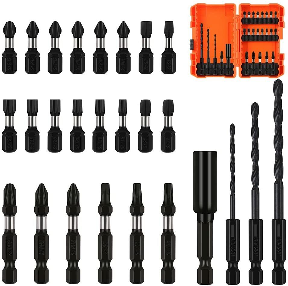 A detailed image showing a 26Pc Impact Screwdriver Bit Set Magnetic Drill Bit Holder Quick Release Drilling. The set includes various sizes of heat-treated S2 steel drill bits, impact screwdriver bits, and other bits organized in a clear layout. A bright orange plastic storage box filled with assorted drill bits is visible at the top right corner.