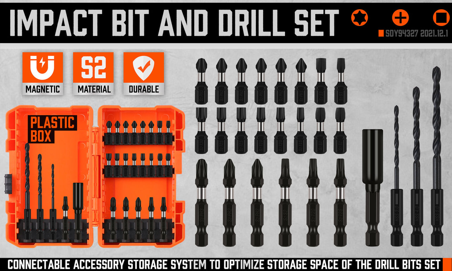 A detailed image showing a 26Pc Impact Screwdriver Bit Set Magnetic Drill Bit Holder Quick Release Drilling. The set includes various sizes of heat-treated S2 steel drill bits, impact screwdriver bits, and other bits organized in a clear layout. A bright orange plastic storage box filled with assorted drill bits is visible at the top right corner.