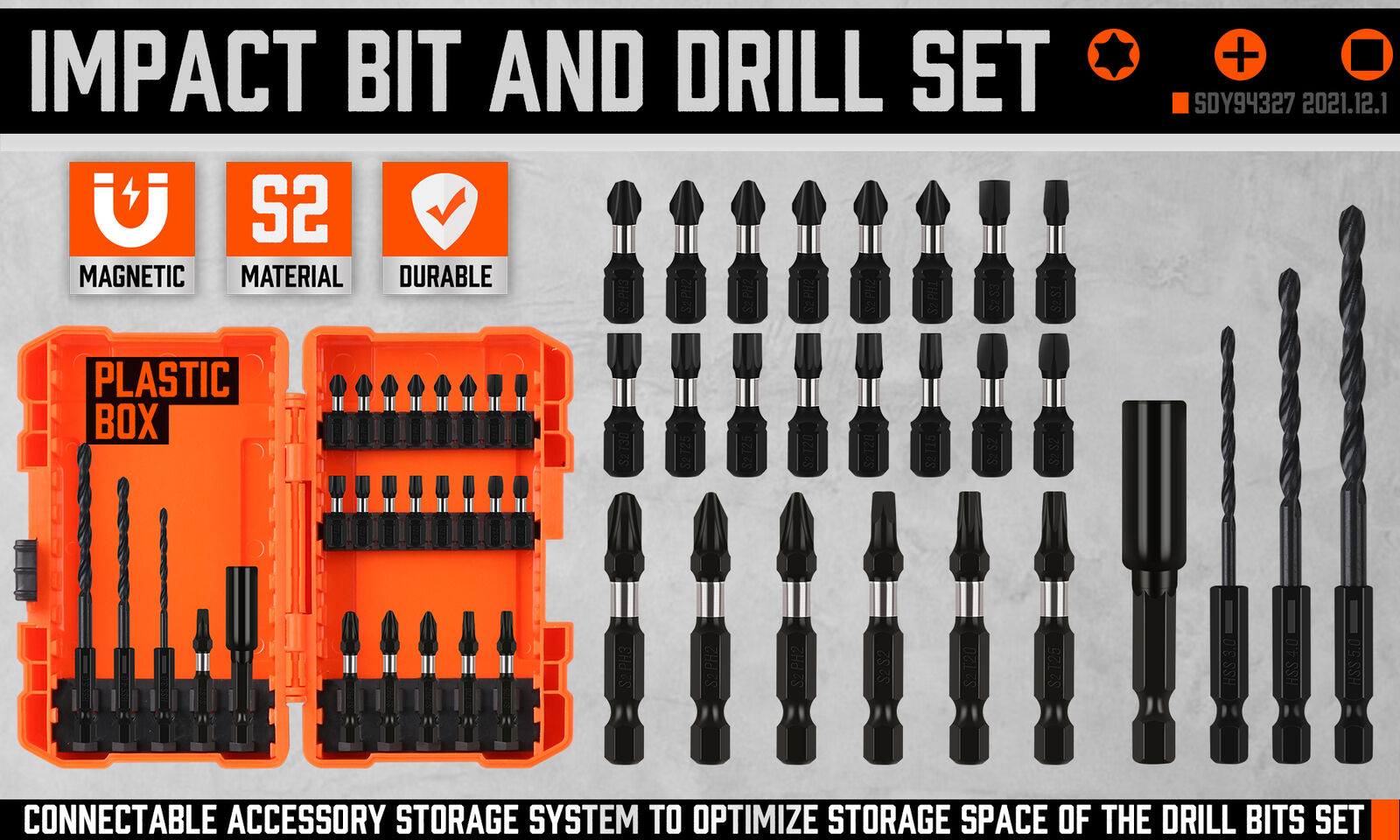 A detailed image showing a 26Pc Impact Screwdriver Bit Set Magnetic Drill Bit Holder Quick Release Drilling. The set includes various sizes of heat-treated S2 steel drill bits, impact screwdriver bits, and other bits organized in a clear layout. A bright orange plastic storage box filled with assorted drill bits is visible at the top right corner.