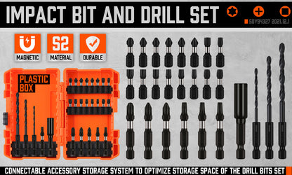 A detailed image showing a 26Pc Impact Screwdriver Bit Set Magnetic Drill Bit Holder Quick Release Drilling. The set includes various sizes of heat-treated S2 steel drill bits, impact screwdriver bits, and other bits organized in a clear layout. A bright orange plastic storage box filled with assorted drill bits is visible at the top right corner.