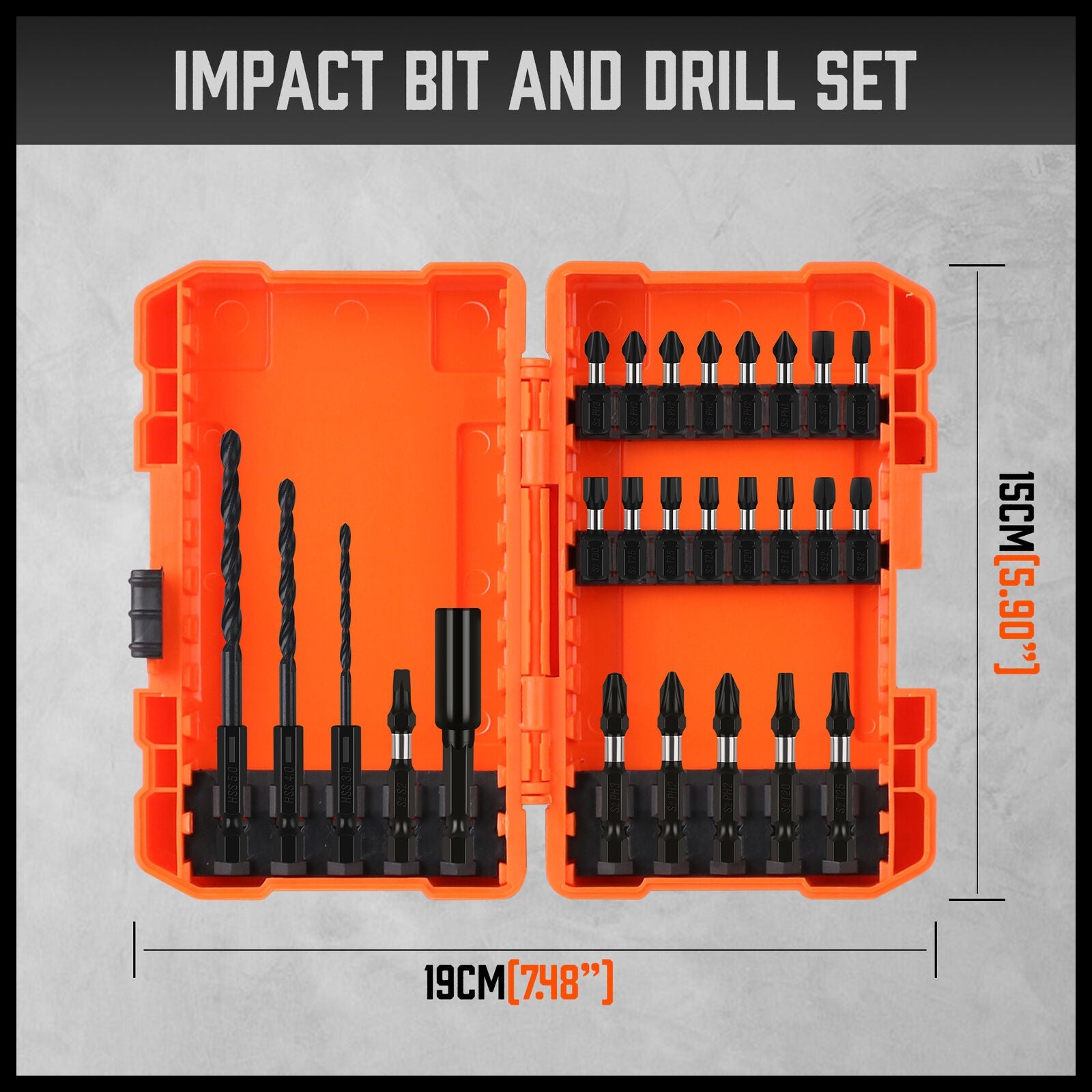 A detailed image showing a 26Pc Impact Screwdriver Bit Set Magnetic Drill Bit Holder Quick Release Drilling. The set includes various sizes of heat-treated S2 steel drill bits, impact screwdriver bits, and other bits organized in a clear layout. A bright orange plastic storage box filled with assorted drill bits is visible at the top right corner.