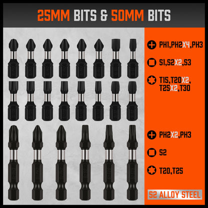 A detailed image showing a 26Pc Impact Screwdriver Bit Set Magnetic Drill Bit Holder Quick Release Drilling. The set includes various sizes of heat-treated S2 steel drill bits, impact screwdriver bits, and other bits organized in a clear layout. A bright orange plastic storage box filled with assorted drill bits is visible at the top right corner.