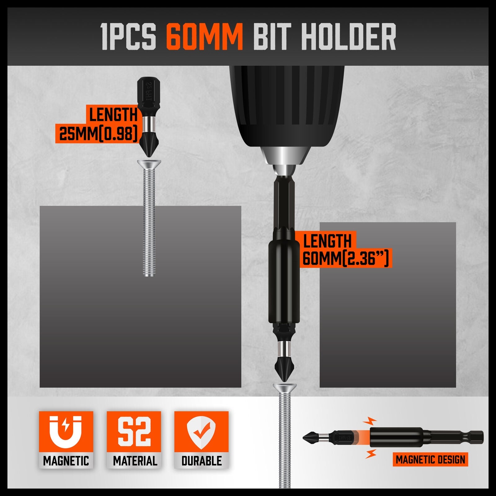 A detailed image showing a 26Pc Impact Screwdriver Bit Set Magnetic Drill Bit Holder Quick Release Drilling. The set includes various sizes of heat-treated S2 steel drill bits, impact screwdriver bits, and other bits organized in a clear layout. A bright orange plastic storage box filled with assorted drill bits is visible at the top right corner.