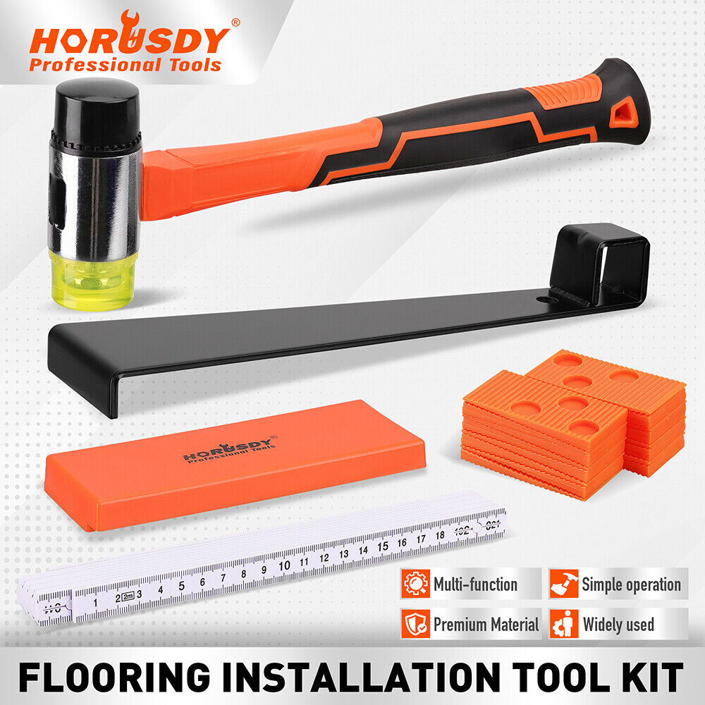 Image of a HORUSDY 48Pc Laminate Wood Flooring Installation Kit Tapping Block Rubber Mallet. It includes an orange and black double headed mallet, a high-quality pull bar, a set of orange spacers, and a measuring tape. Labels highlight features like multi-functionality, simple operation, premium material, and wide usability—perfect laminate flooring tools.