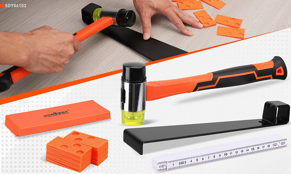 Image of a HORUSDY 48Pc Laminate Wood Flooring Installation Kit Tapping Block Rubber Mallet. It includes an orange and black double headed mallet, a high-quality pull bar, a set of orange spacers, and a measuring tape. Labels highlight features like multi-functionality, simple operation, premium material, and wide usability—perfect laminate flooring tools.