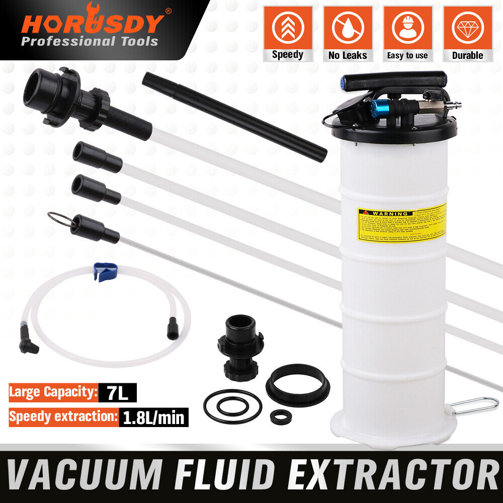 Image of a HORUSDY 7L Manual & Pneumatic Oil Extractor Waste Fluid Transfer Pump Suction with various components. The kit includes a 7-liter capacity manual fluid extractor pump, several hoses and adapters, and various seals and fittings. It features icons indicating its attributes: speedy, no leaks, easy to use, and durable.