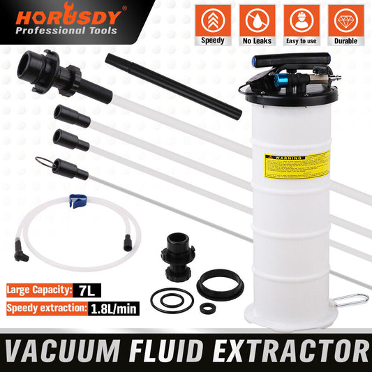 Image of a HORUSDY 7L Manual & Pneumatic Oil Extractor Waste Fluid Transfer Pump Suction with various components. The kit includes a 7-liter capacity manual fluid extractor pump, several hoses and adapters, and various seals and fittings. It features icons indicating its attributes: speedy, no leaks, easy to use, and durable.