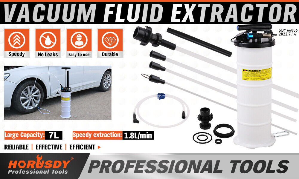 Image of a HORUSDY 7L Manual & Pneumatic Oil Extractor Waste Fluid Transfer Pump Suction with various components. The kit includes a 7-liter capacity manual fluid extractor pump, several hoses and adapters, and various seals and fittings. It features icons indicating its attributes: speedy, no leaks, easy to use, and durable.