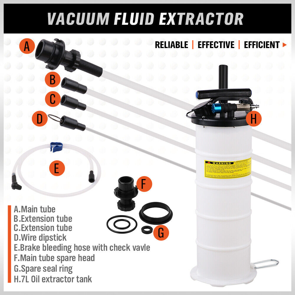 Image of a HORUSDY 7L Manual & Pneumatic Oil Extractor Waste Fluid Transfer Pump Suction with various components. The kit includes a 7-liter capacity manual fluid extractor pump, several hoses and adapters, and various seals and fittings. It features icons indicating its attributes: speedy, no leaks, easy to use, and durable.