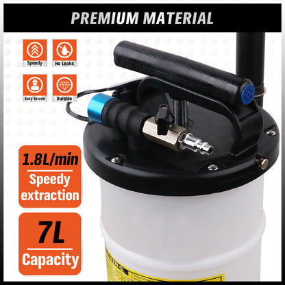 Image of a HORUSDY 7L Manual & Pneumatic Oil Extractor Waste Fluid Transfer Pump Suction with various components. The kit includes a 7-liter capacity manual fluid extractor pump, several hoses and adapters, and various seals and fittings. It features icons indicating its attributes: speedy, no leaks, easy to use, and durable.