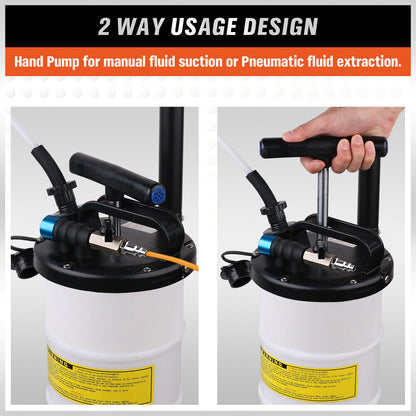 Image of a HORUSDY 7L Manual & Pneumatic Oil Extractor Waste Fluid Transfer Pump Suction with various components. The kit includes a 7-liter capacity manual fluid extractor pump, several hoses and adapters, and various seals and fittings. It features icons indicating its attributes: speedy, no leaks, easy to use, and durable.