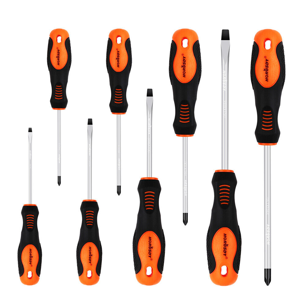 A set of eight screwdrivers with black and orange handles. The high-quality chrome vanadium aço HORUSDY 8Pc Magnetic Screwdriver Set Non-slip Handle Phillips Slotted Tool New includes both flathead and Phillips head screwdrivers of varying lengths and sizes. The handles have ergonomic grips for comfortable use. All the magnetic screwdrivers are arranged in a neat row.